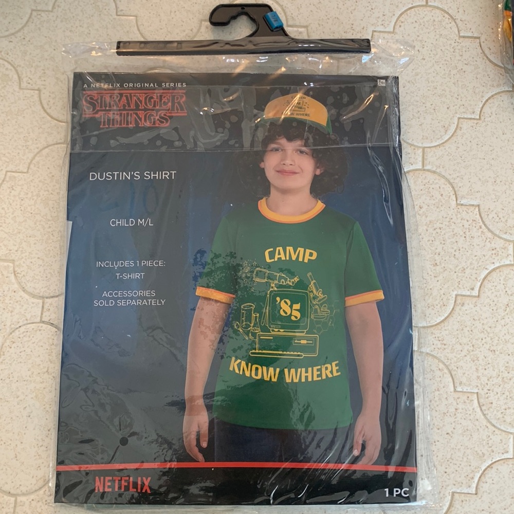 Stranger Things Dustin’s Shirt Child M/L Camp Know Where ‘85 Costume Green